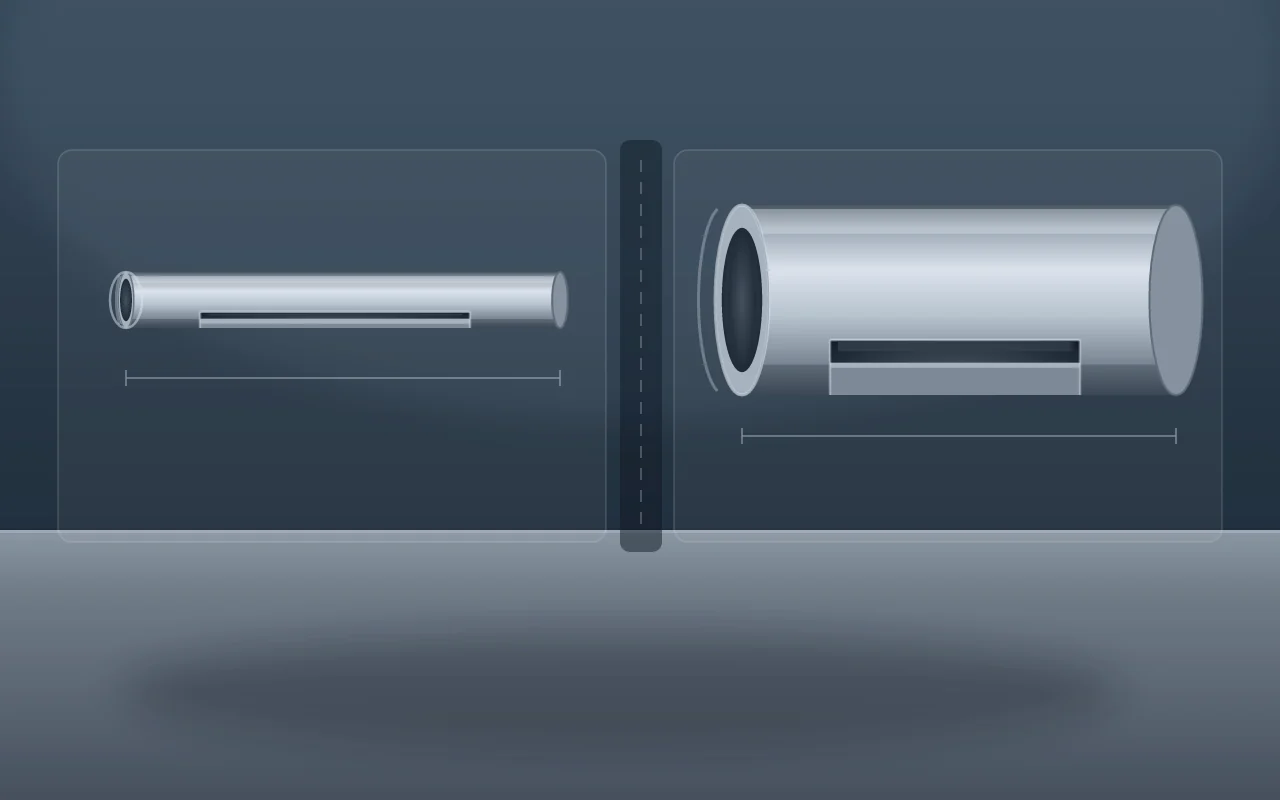 Illustration of a small hydraulic line tube and a separate large cylinder barrel on two divided workbenches, with no labels