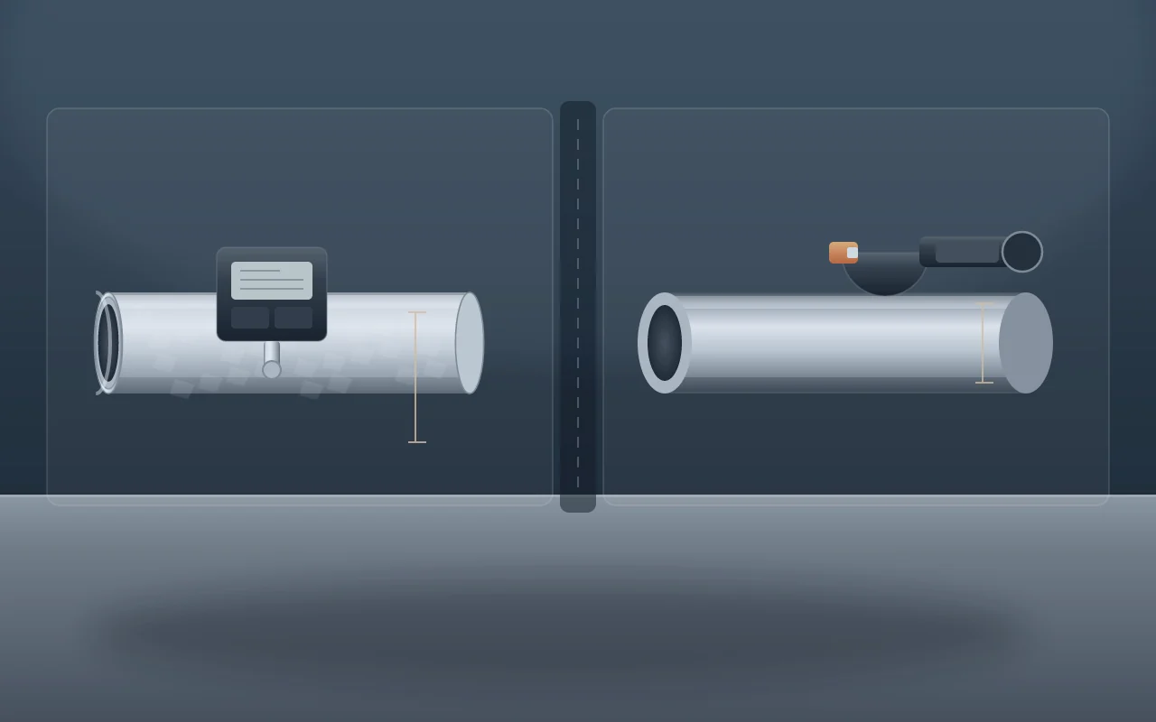 Illustration of a coating thickness gauge on a galvanized tube beside a separate base-metal inspection station with a micrometer on a bare tube