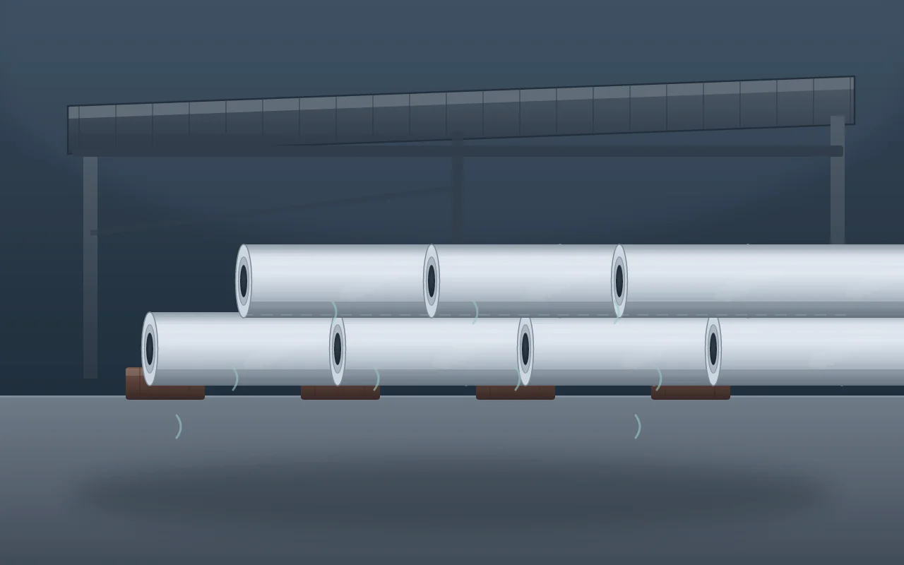 Illustration of a ventilated galvanized tube bundle lying on dry timber spacers beneath an open-sided industrial shelter