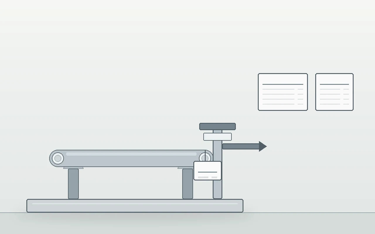 Automotive tube sample at a measurement fixture beside a blank part-revision card and lot traveller