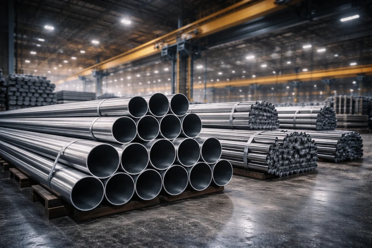 Steel pipes stacked in warehouse