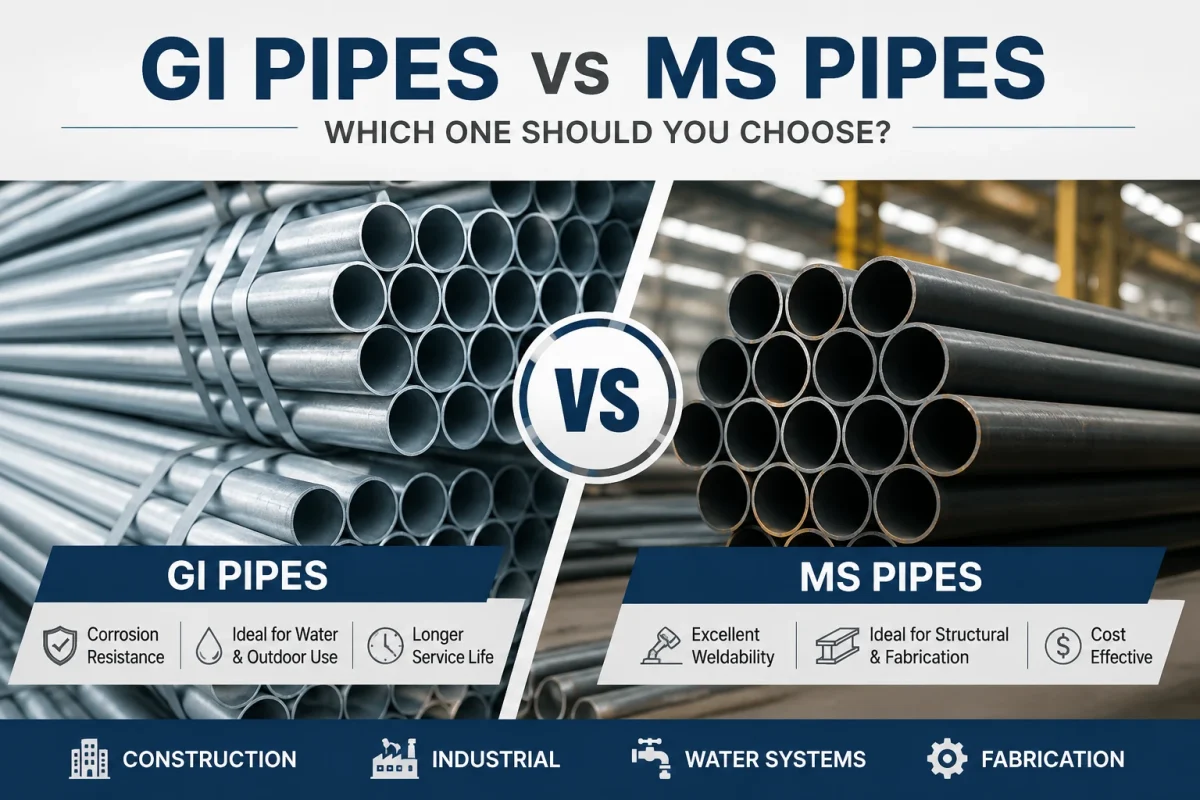 GI pipes vs MS pipes comparison showing galvanized steel pipes and mild steel pipes for construction, fabrication, water systems, and industrial applications in UAE.