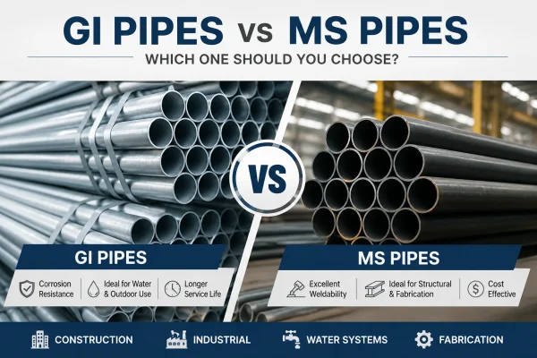 GI pipes vs MS pipes comparison showing galvanized steel pipes and mild steel pipes for construction, fabrication, water systems, and industrial applications in UAE.