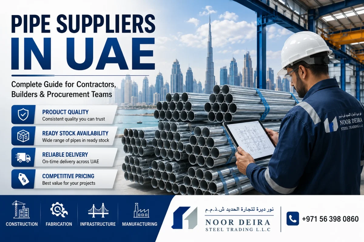 Pipe suppliers in UAE guide featuring steel pipes and procurement engineer at Noor Deira Steel Trading